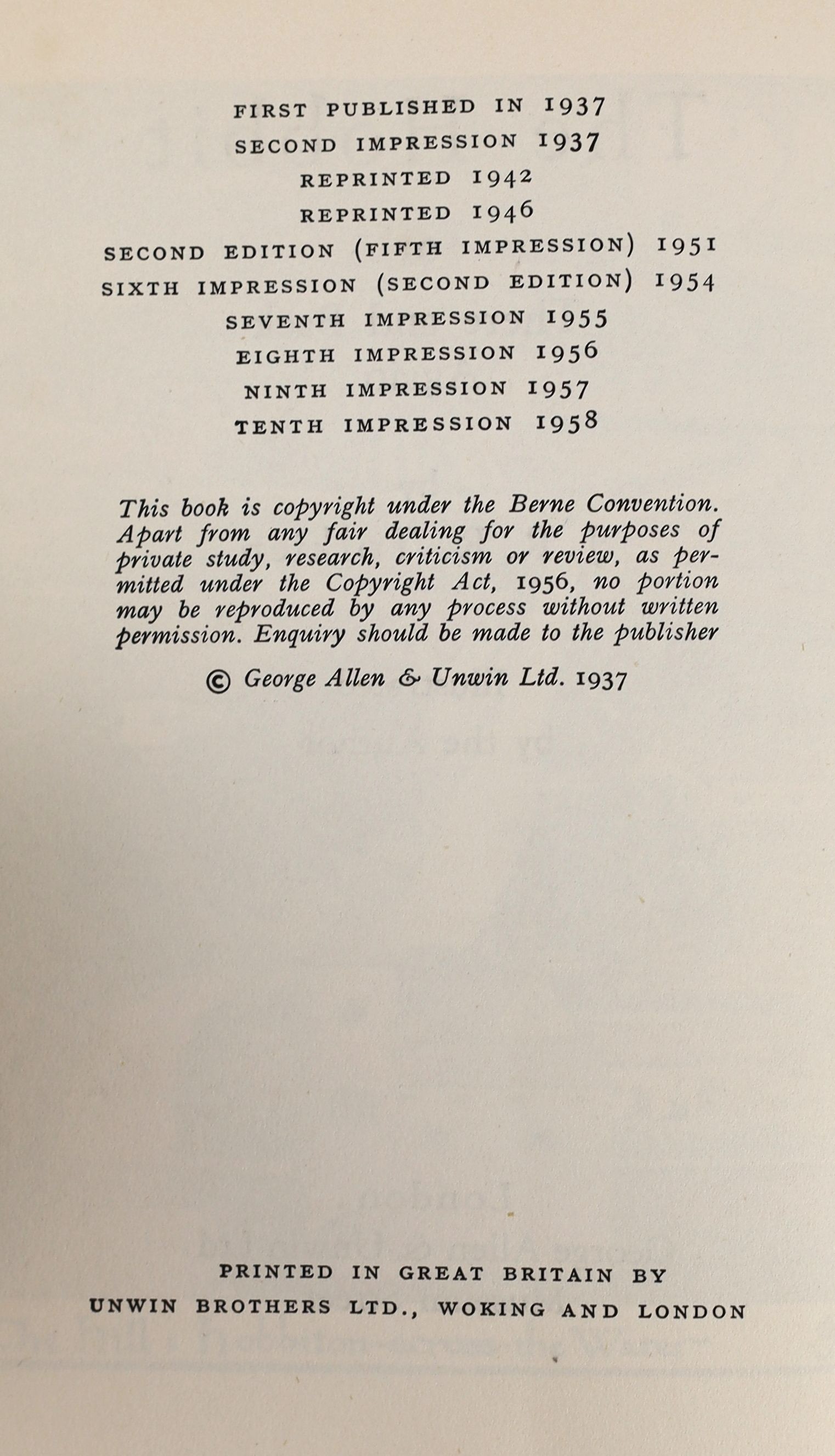 Tolkien, John Ronald Reuel - The Hobbit, 2nd edition, 10th impression, with colour frontispiece, map endpapers, original green cloth in unclipped d/j, with small loss to lower front panel and top edge, George Allen and U